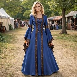 Vintage Medievale Rinascimento Lunghezza al pavimento Vestito Lunghe Strega Collo quadrato Costume Per donna Fantasia Halloween Carnevale Fiera Rinascimentale LARP Adulti Vestito Primavera