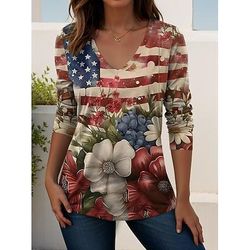 T-shirt patriottica da donna per il Giorno dell'Indipendenza Stampa Grafica Bandiera Americana Vintage Stile Classico Manica Lunga Collo a V Top Regolari Quotidiani Weekend Nero Rosso Rosso Blu