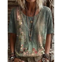 Per donna Maglietta Stampato Floreale Grafico Piante Vintage Elegante Casual Manica Corta Scollo a V Top Regolari Casuale Quotidiano Weekend Rosso ruggine Verde scuro Blu turchese Verde Grigio Estate