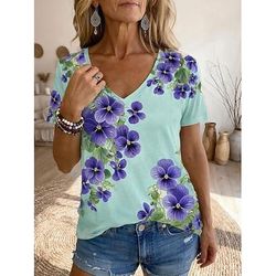 Per donna Maglietta Stampato Floreale Grafico Piante Bohemien Vintage Elegante Manica Corta Scollo a V Top Regolari Quotidiano Blu Arancione Verde Estate Primavera