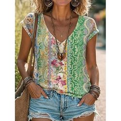 Per donna Maglietta Stampato Floreale Grafico Graffiti Bohemien Vintage Casual Manica Corta Scollo a V Top Regolari Quotidiano Blu Viola Arancione Verde Estate Primavera