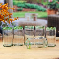 Verdant Day,'6 Green-Rimmed Handblown Recycled Glass Highball Glasses'