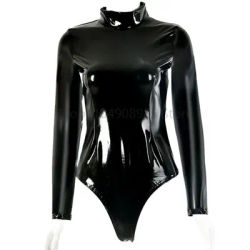 Gothique Look mouillé col roulé à manches longues Body chemise brillant PVC Catsuit Body hauts Sexy Body Clubwear une pièce haut