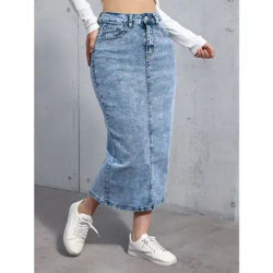 Jupe mi-longue en jean pour femme, toutes saisons, décontractée, polyvalente, bleu clair, simple, taille haute élastique