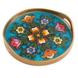 'Tulip Motif Reverse-Painted Glass Tray in Blue from Peru'