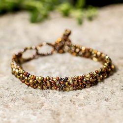 'Brown Golden Bronze-Hued Crystal and Glass Beaded Bracelet'