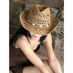 Chapeau de paille bohème d'été pour femmes et hommes, chapeaux de Cowboy de plage, perles en bois ajourées, chapeau de soleil occidental à large bord, casquette de vacances