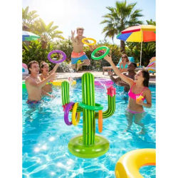 Inflatable Cactus Ring Toss Game - Floating Pool Toy for Summer Parties, Backyard and Beach Fun, Colorful Rings Included