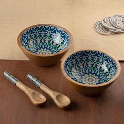 'Floral Tile-Themed Wood Salad Bowl Serving Spoon 4-Piece Set'