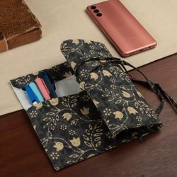 Nighttime Illusions,'Black and Yellow Cotton Roll Pencil Case with Floral Theme'