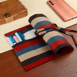 Chic Ideas,'Multicolor Striped 100% Cotton Roll Pencil Case from India'