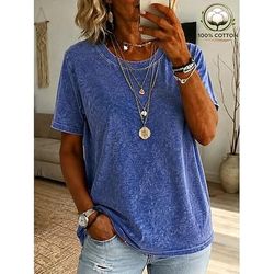 t-shirt da donna softfade™ 100% cotone maglietta di cotone top vintage lavato lavaggio acido vintage lavato tinta unita vintage moda elegante manica corta girocollo top regolari casual quotidiano uscire blu