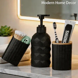 Black Bathroom Vanity Accessories, Lotion Soap Dispenser, Toothbrush Holder, Cotton Swab Container for Farmhouse Decor & Storage