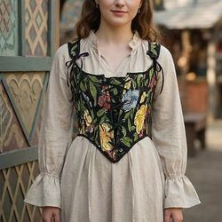 Medievale Rinascimento Cottagecore Corsetto Corsetto Overbust Corpetto Contadina Allacciato Floreale Costume Per donna Fantasia Halloween Carnevale Fiera Rinascimentale LARP Adulti Corsetto Primavera