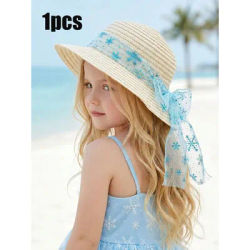 Chapeau de soleil en paille beige pour filles, 1 pièce, avec ruban bleu, casquette d'été pour la plage