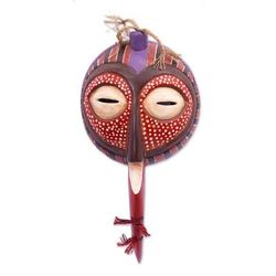 'Bird-Themed Hand-Carved Red and Brown African Sese Wood Mask'