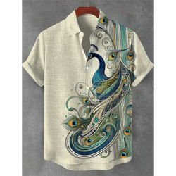 Chemise à manches courtes à motif de chat pour hommes, haut vert rétro en lin, haut à revers à la mode, Art rétro