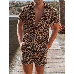 Chemise hawaïenne d'été 2 pièces pour hommes, imprimé léopard 3D, manches courtes, pantalon court, ensemble couverture, mode tropicale, plage, bleu, violet, marron