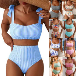 Ensemble bikini deux pièces rayé taille haute à bretelles nouées pour femme 2026 – Maillot de bain d'été pour la plage