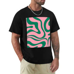 T-shirt à manches courtes, motif abstrait moderne rétro, motif tourbillonnant liquide, rose et vert, design simple et basique