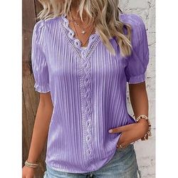 Per donna Maglietta Pizzo Tinta unica Vintage Elegante Casual Manica Corta Scollo a V Top Regolari Casuale Quotidiano Blu Bianco Rosa Viola Estate Primavera