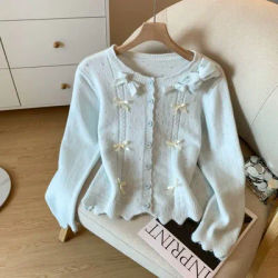 Mode coréenne doux nœud tricot Cardigan 2025 femmes automne nouveau col rond à manches longues hauts femme doux pull hauts