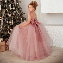 Big Bow Lace Bridesmaid Dress for Girl Christmas Costume White Wedding Party Princess Dresses First Communion Birthday Ball Gown