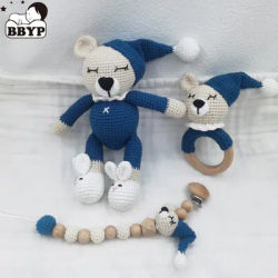 1 Set DIY Crochet Bear Baby Teether Newborn Bunny Rattle Toy Wooden Molar Teething Ring Pacifier Clips Chain Set Baby Stuff