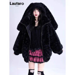 Lautaro-Manteau en fausse fourrure avec oreilles de lapin pour femme, veste chaude, sweat à capuche flou et moelleux, doux et mignon, belle optique, noir doux, automne et hiver 2023