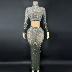 Robe de soirée en maille pour femme, diamant nu, cristal, robe de tapis rouge, robe de toast de mariage chinois, chic et élégante, 2 pièces