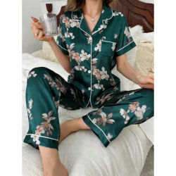 Ensemble pyjama en satin de soie pour femmes, imprimé floral vert, manches courtes, pantalon long, 2 pièces, vêtements de détente, vêtements de nuit boutonnés