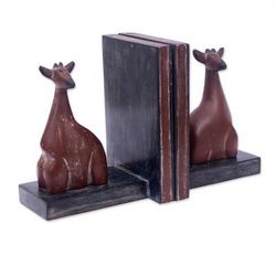 'Hand-Carved Wood Giraffe Bookends with Distressed Finish'