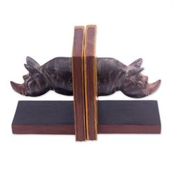 Rhino Bounds,'Hand-Carved Distressed Wood Bookends with Rhino Motif'