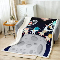 Outer Space Throw Blanket with Cartoon Animals and Astronauts Galaxy Planets Rockets Design for Kids Soft Couch Sofa Bed Blanket