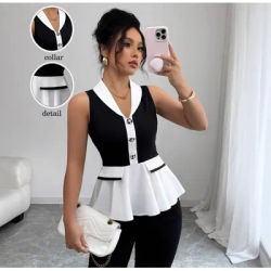 Haut femmes été t-shirts sans manches col en V simple boutonnage Patchwork femme mince volants hauts Vintage bureau dame t-shirts 2025