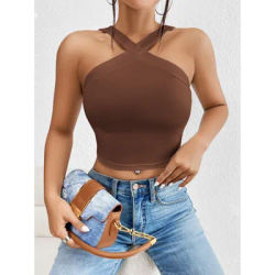 Un nouveau haut licou sexy d'été, un haut court amincissant de couleur unie