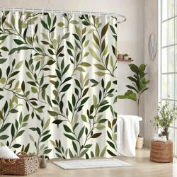 Leafy Branches Shower Curtain - Green & Brown Botanical Design, Light Cream Background, 12 Hooks, Machine Washable, Bath Deco
