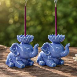 Grand Serenity,'Crackled Ceramic Elephant Incense Holder Pair in Blue Hues'