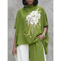 UOOZEE Hauts amples à col montant imprimé floral vert pour femme, Nouveauté 2026, T-shirts décontractés d'été à manches mi-longues et coupe asymétrique pour le quotidien