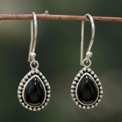 Midnight Inspiration,'Black Onyx Silver Dangle Earrings with Granulation Details'