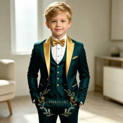 Costume vert huile pour garçons, 3 pièces, smoking de mariage pour enfants, veste, pantalon, gilet, revers doré, enfant de 2 à 16 ans, tenue personnalisée