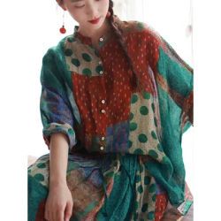 Femmes à manches longues impression lin Blouse 2025 été automne surdimensionné Boho Vintage chemises haut dame col en v décontracté hauts amples N752
