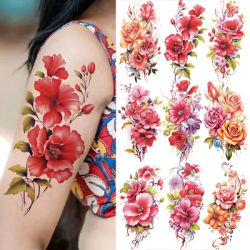1 Sheet Watercolor 3D Flower Temporary Tattoos For Women Adults Arm Body Fake Peony Rose Tem Tattoo Sticker Water Transfer