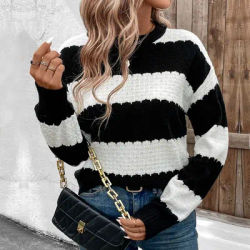 Pull ample et chaud à col rond pour femme, haut tricoté à rayures contrastées noir et blanc, nouvelle collection