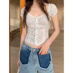Chemisier blanc à fleurs pour femme, manches courtes, taille cintrée, style jeune, haut décontracté d'été