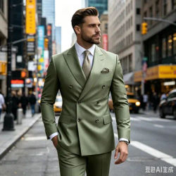 Costume de mariage vert sauge pour homme, couleur unie, 2 pièces, blazer croisé six boutons et pantalon, ensemble de costume formel pour affaires