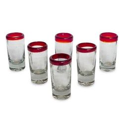 'Ruby Shot' (set of 6) - Hand Blown Tequila Glasses Set of 6 Red Rim Mexico