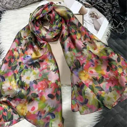 Rose vert hiver longue écharpe en soie accessoires marque conception florale 100% foulard en soie été plage châle en soie Hijab écharpe Bufanda