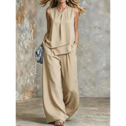 Ensemble 2 pièces pour femme, été, uni, sans manches, haut superposé asymétrique, pantalon taille haute à jambes larges, élégant, décontracté, pour le bureau