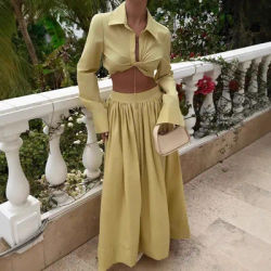 Ensemble deux pièces à col retourné de Style européen/américain, haut court et jupe à manches évasées, nouveau ensemble deux pièces élégant haut de gamme africain